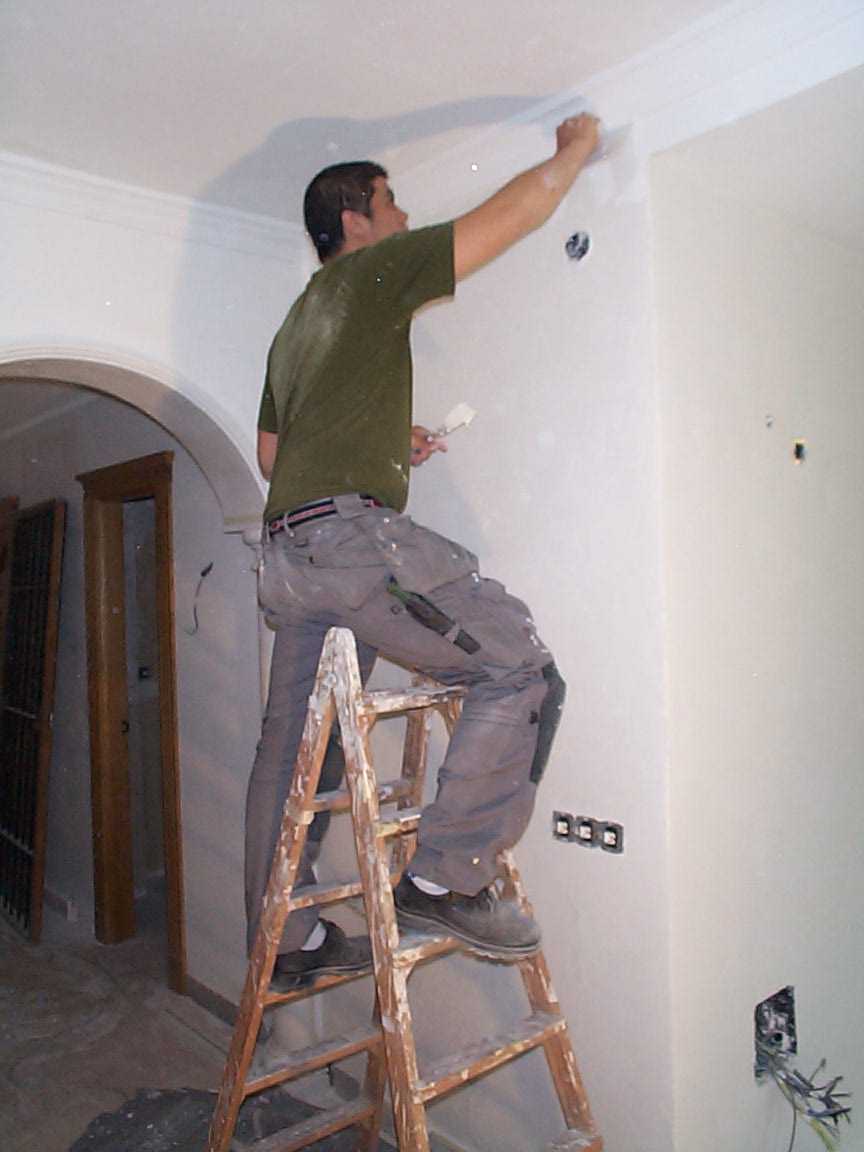 Dan balanserar p&aring; en ranglig stege.